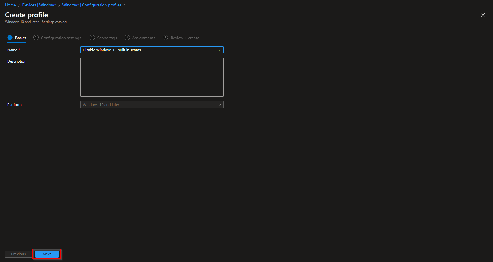Configuring the Basics tab with profile name and description